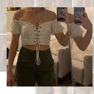 Fashion Nova Puff Sleeve Crop Top w Lace Up Front